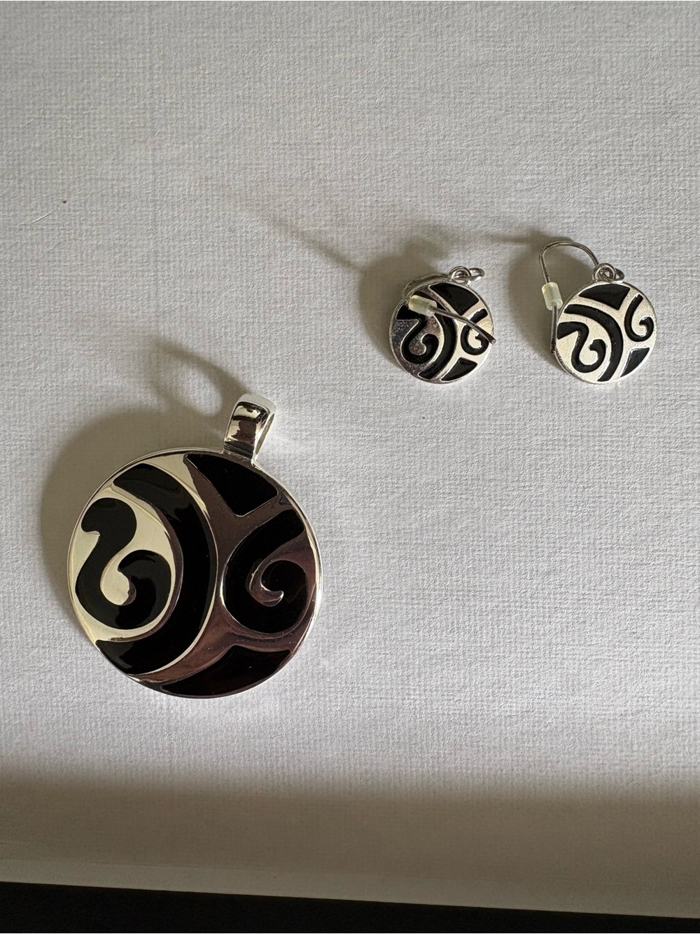Silver and Black Swirl Pendant & Earring Set